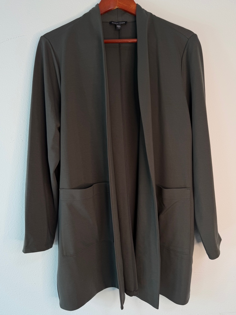 Eileen Fisher Washable Flex Ponte High Collar Jacket Cardigan Green Pockets LG